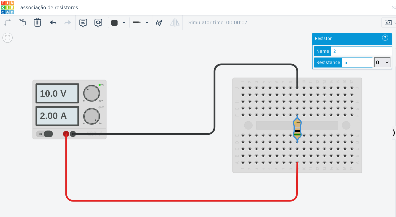 circuito com fonte variável e resistor, valores de tensão e corrente indicados